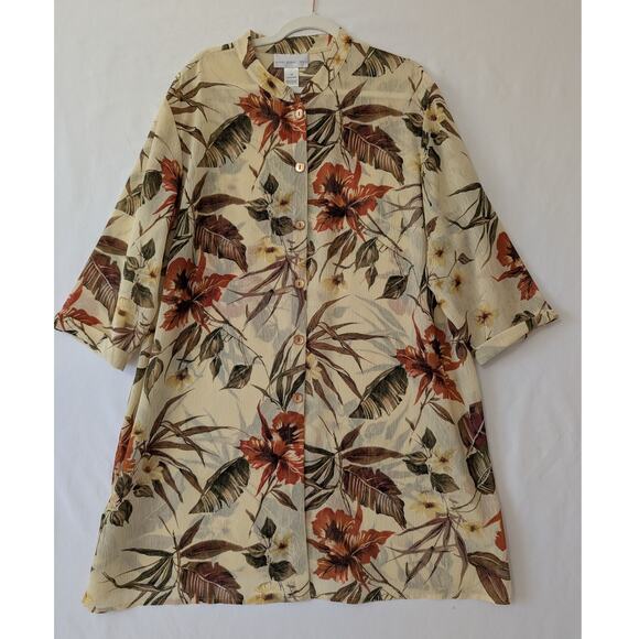 Susan Garver Brown Tan Floral Button-up Hawaiian Shirt Sheer Gauze Light‎ Sz 2X - Picture 1 of 6